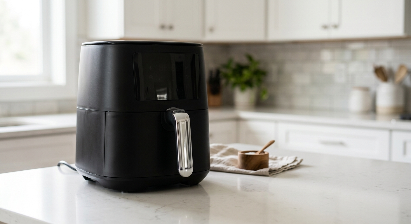 A modern black air fryer on a kitchen counter